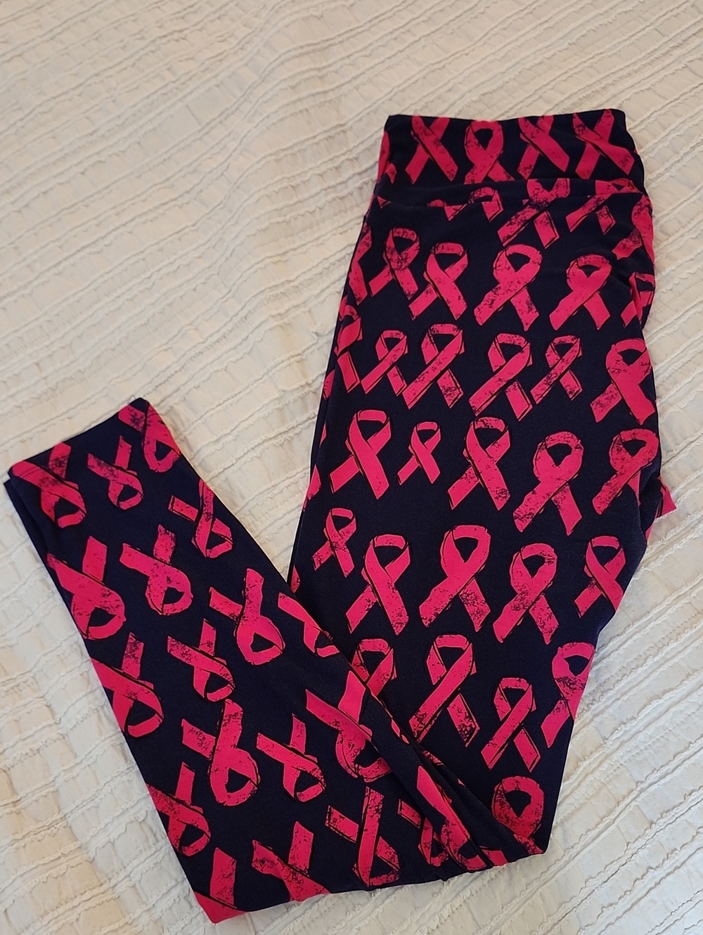 LuLaRoe Women's Navy Leggings with Hot Pink Ribbon Print